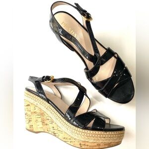 PRADA Womens 38/8 Strappy Slingback Black Patent Leather Platform Wedge